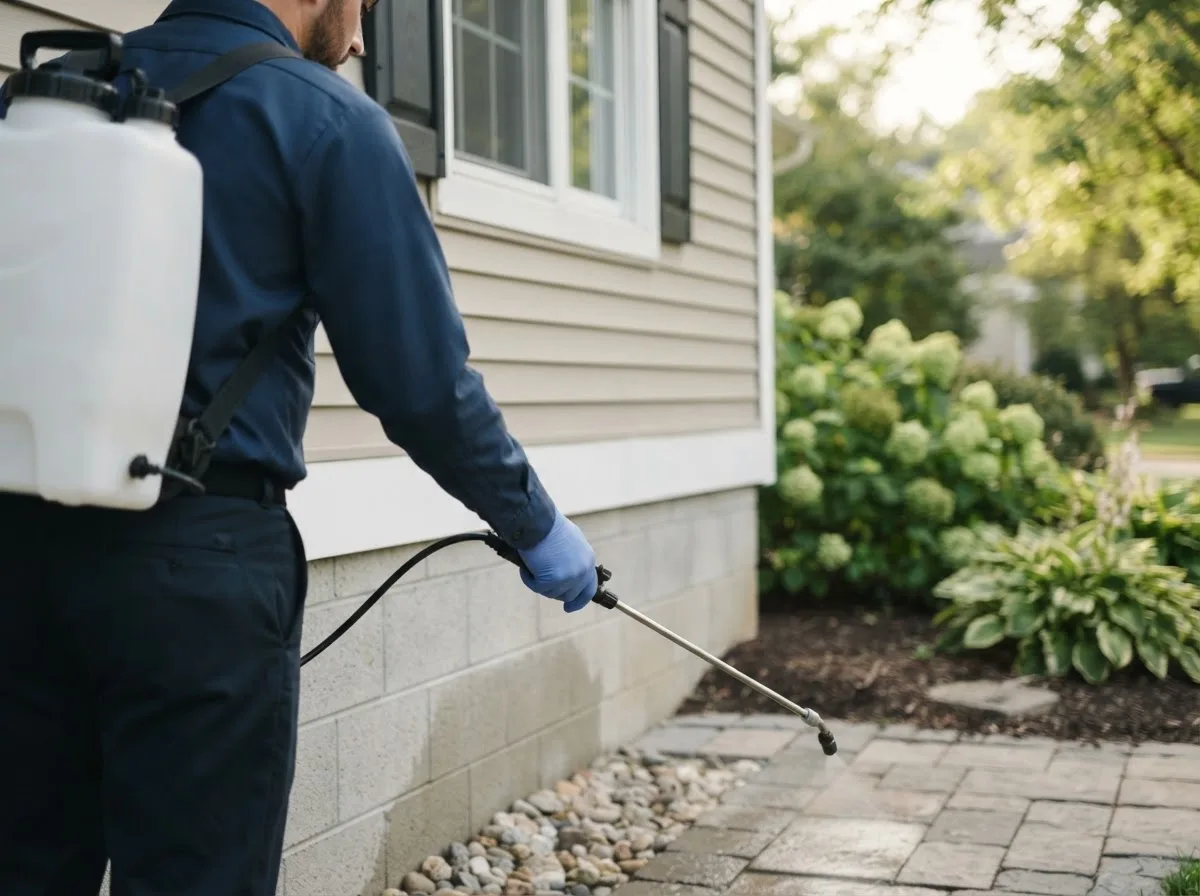 Pest control technician inspecting a home in Langworthy, IA